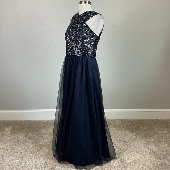 Eliza J Women's Sequin Tulle Sleeveless Halter Evening Gown Blue Size 12P Dress - Picture 4 of 12